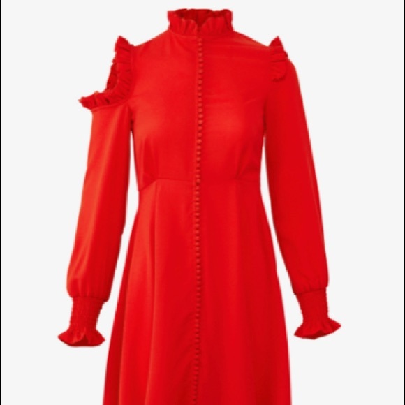 Red crepe dress with bridal buttons - Picture 7 of 9